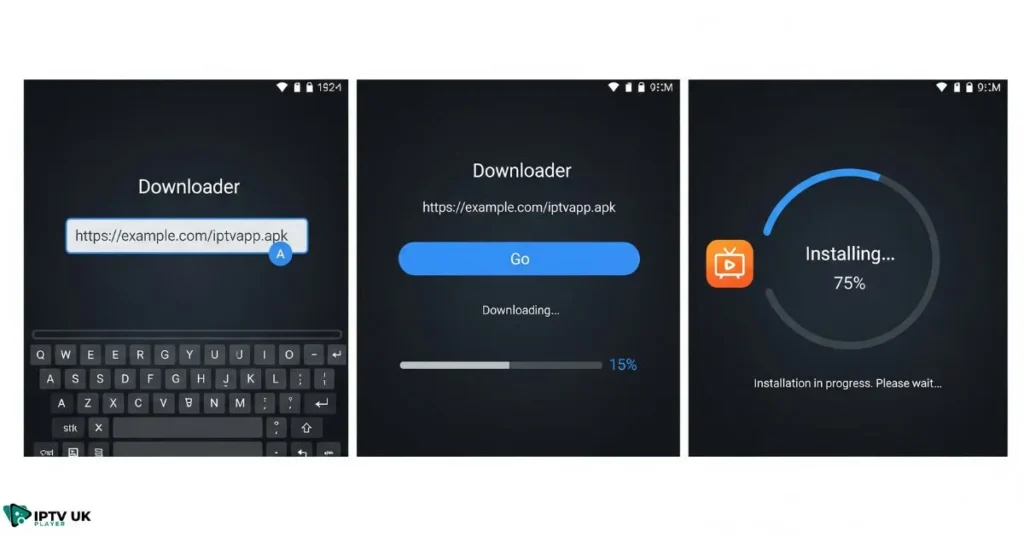 Illustration of an iptv apk download and installation process on an Android streaming device.